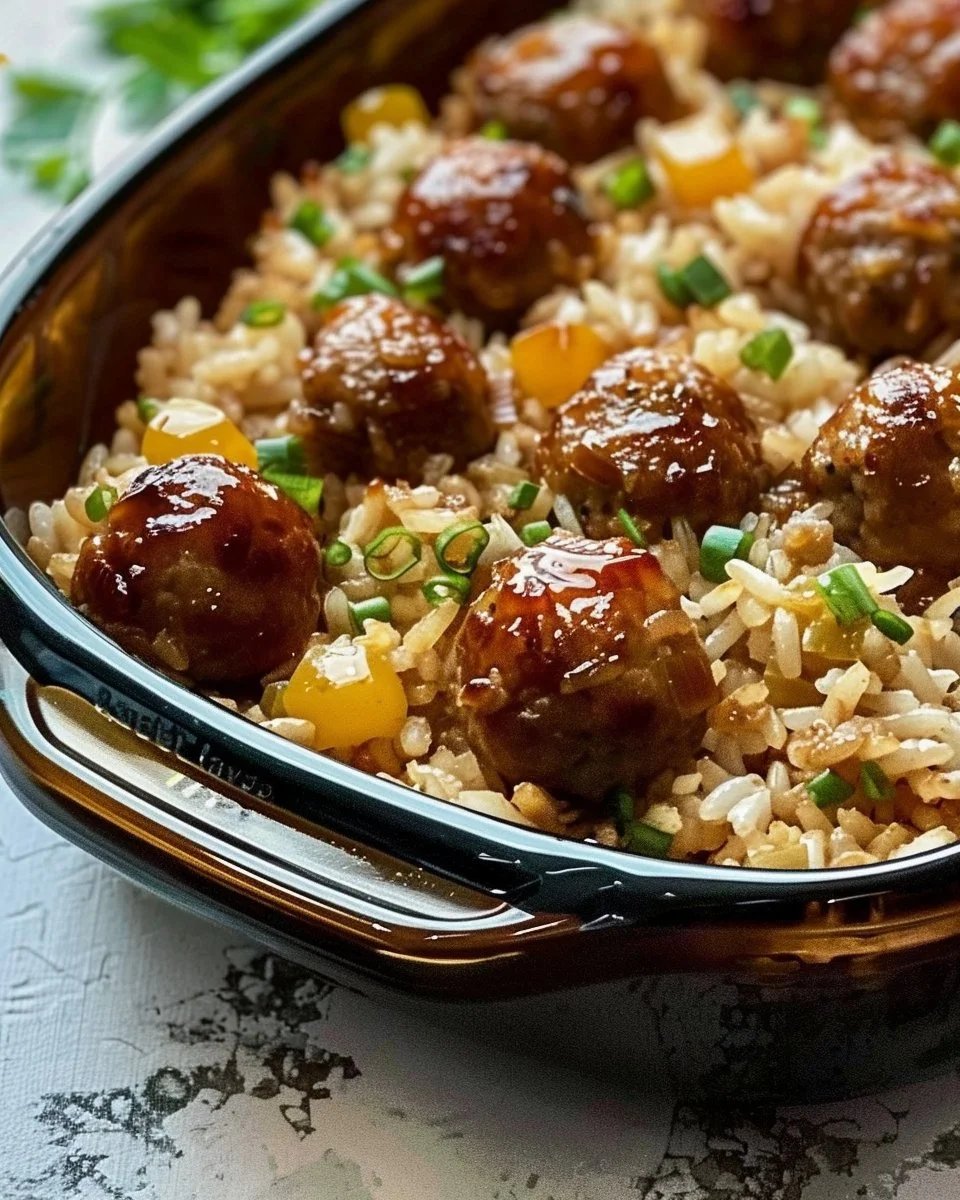 Honey Garlic Meatball Rice Bake