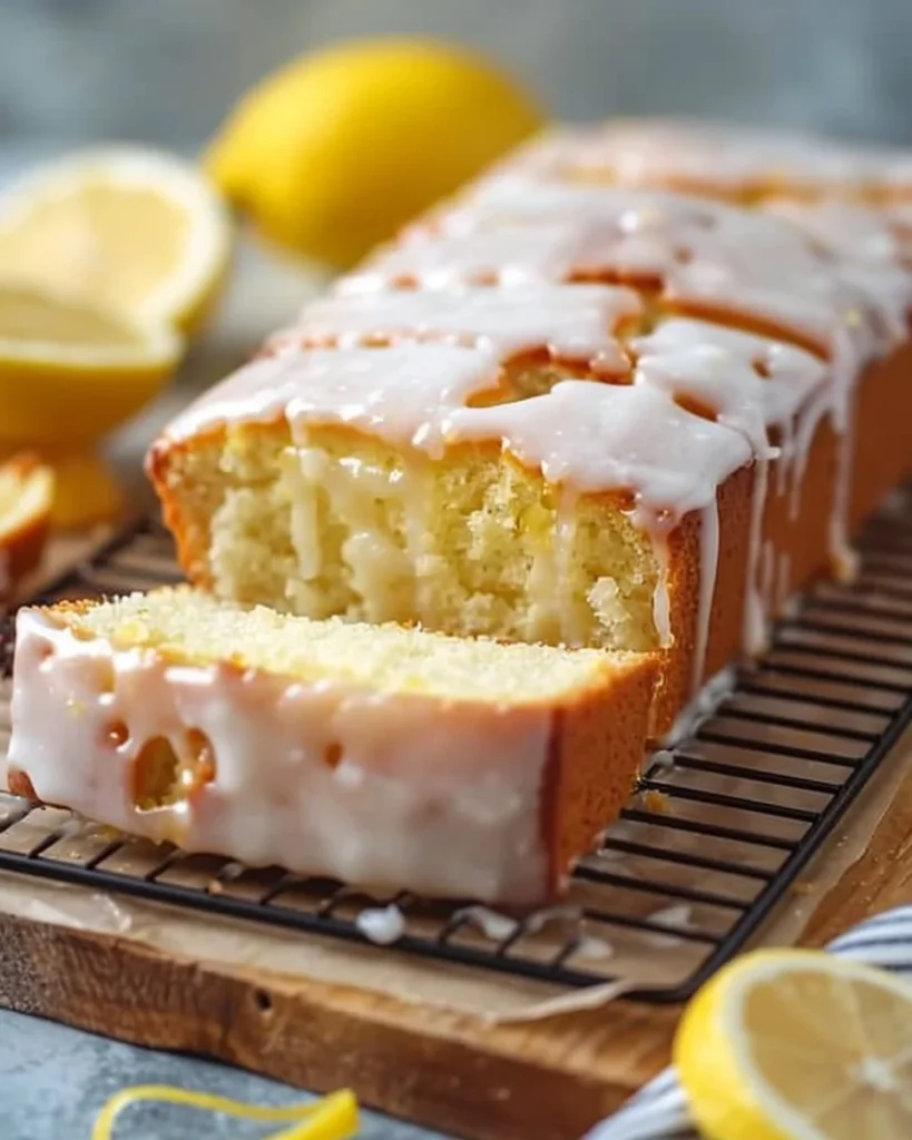 Deliciously moist iced lemon pound cake loaf on a wooden table