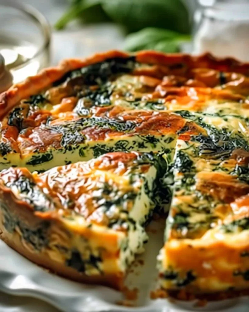Creamy cottage cheese and spinach crustless quiche served on a white plate