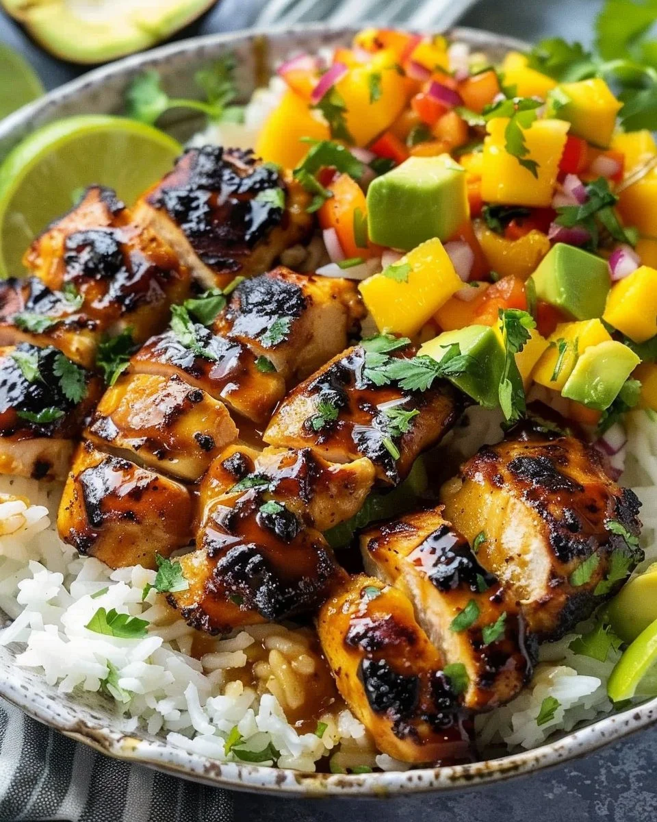 Maple Sriracha Glazed Chicken with Coconut Rice and Mango Avocado Salsa