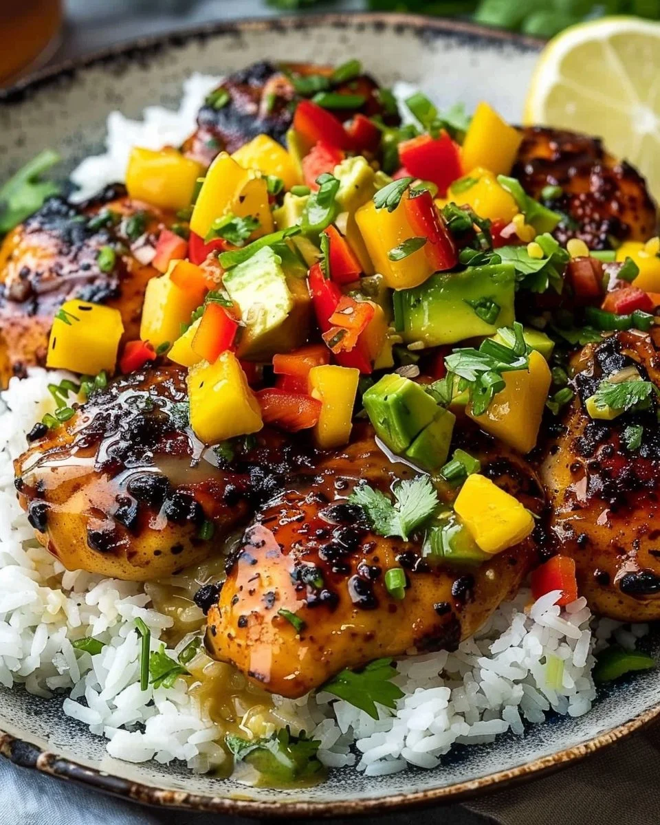 Maple Sriracha Glazed Chicken with Coconut Rice and Mango Avocado Salsa