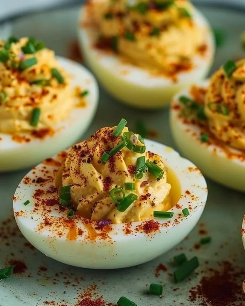 Mardi Gras themed deviled eggs with vibrant toppings and decorations.