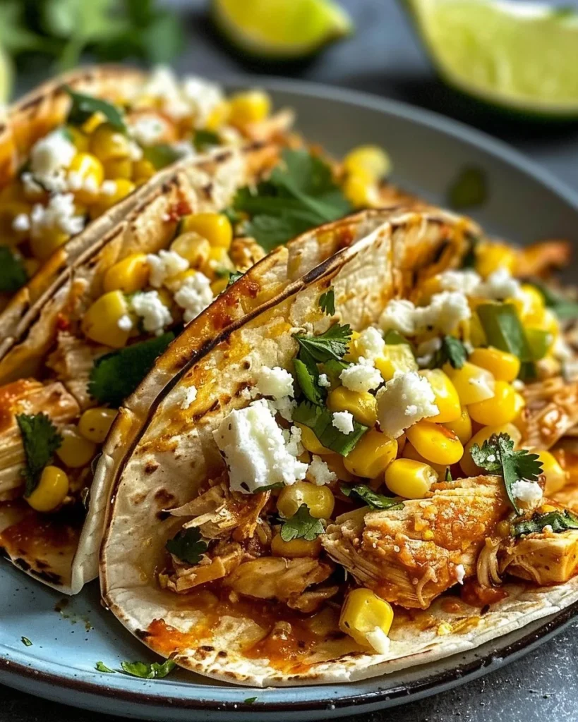 Mexican street corn chicken tacos topped with cilantro and cotija cheese