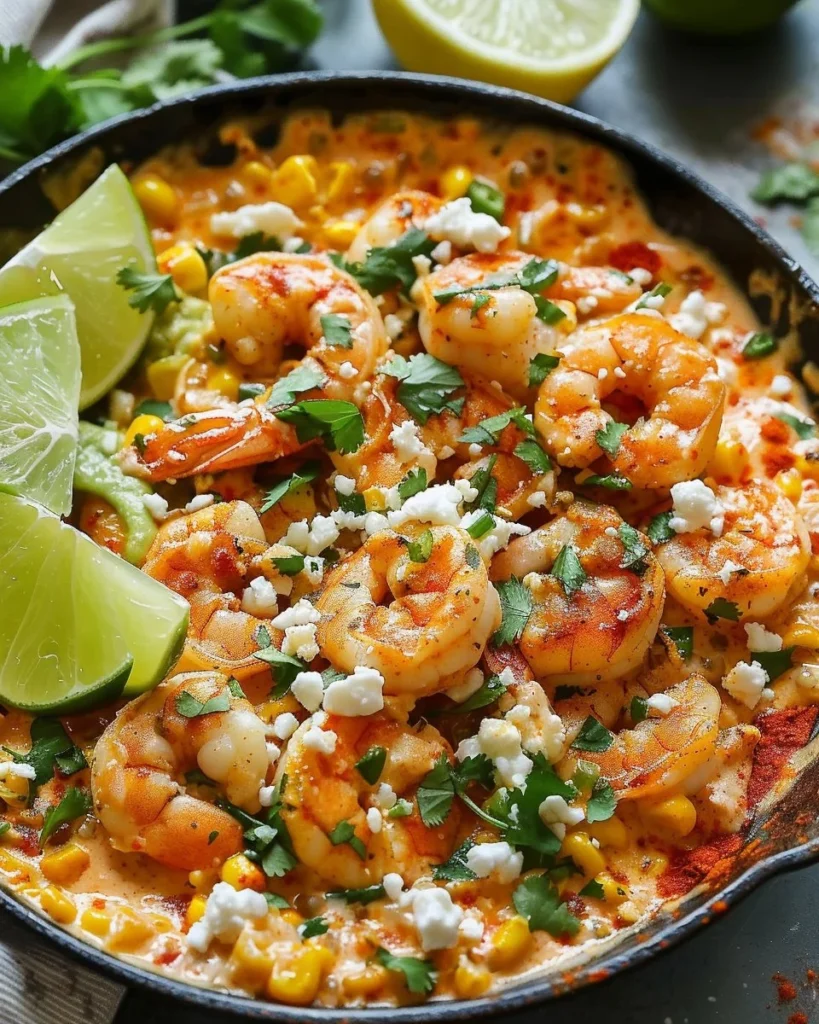 Mexican street corn with shrimp and creamy feta cheese sauce served on a plate