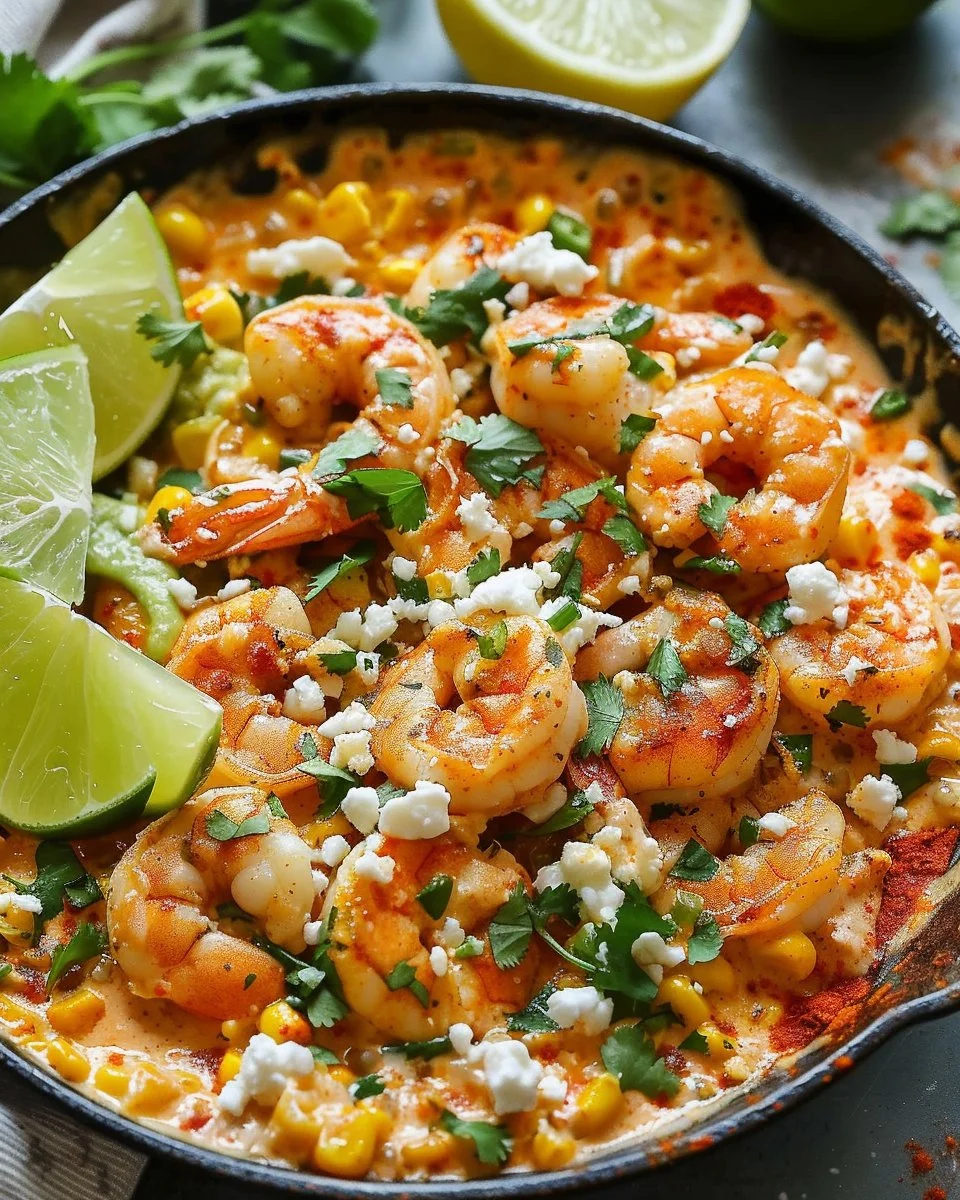 Mexican Street Corn with Shrimp and Creamy Feta Cheese Sauce