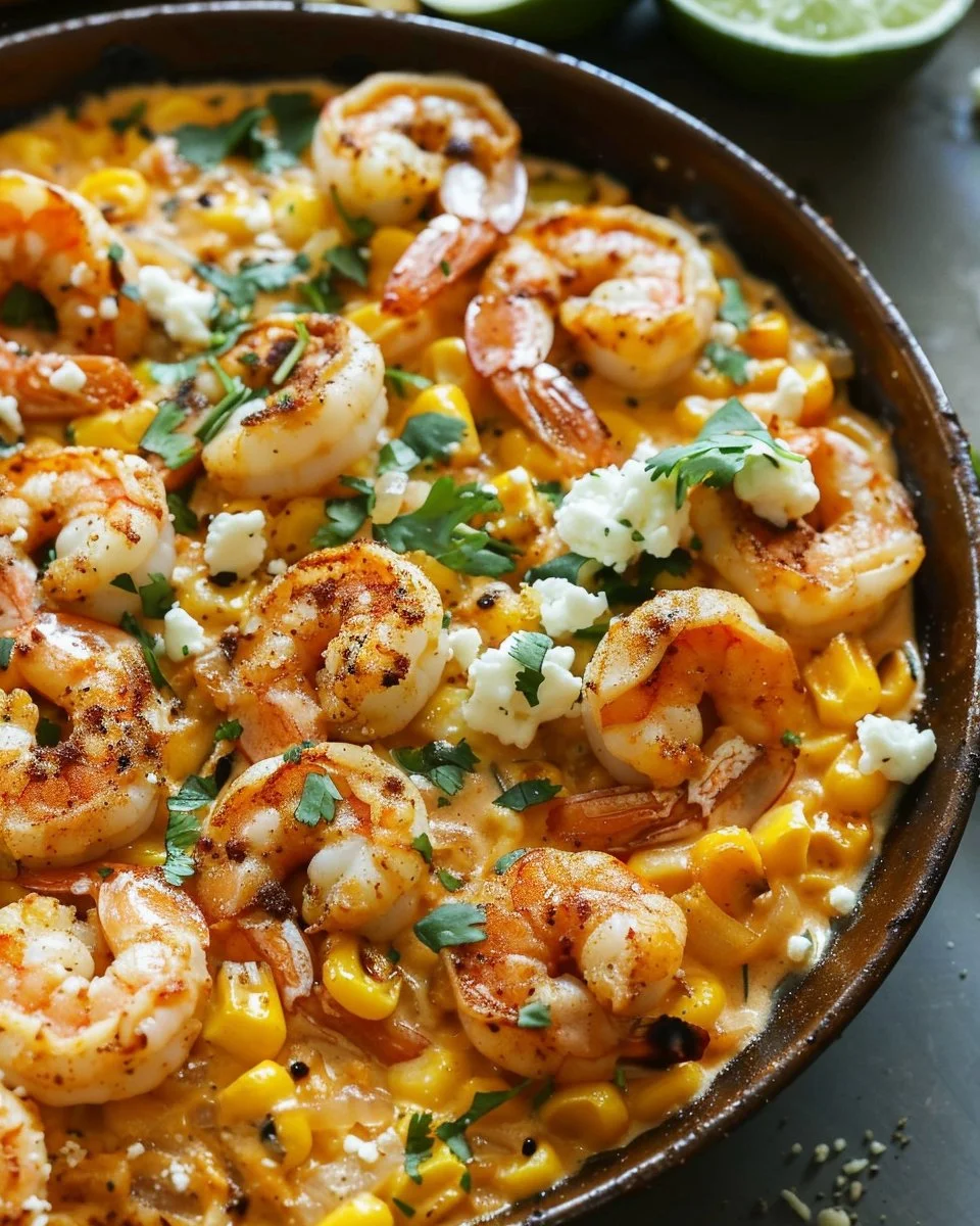 Mexican Street Corn with Shrimp and Creamy Feta Cheese Sauce