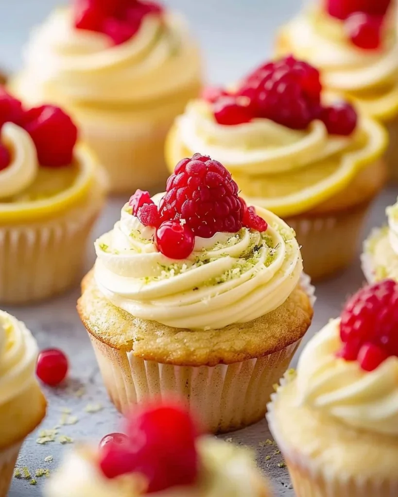 Moist lemon cupcakes filled with raspberry, topped with lemon frosting.