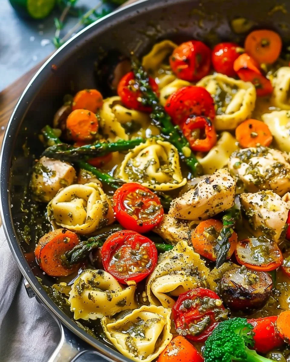 One-Pan Pesto Chicken, Tortellini, and Veggies
