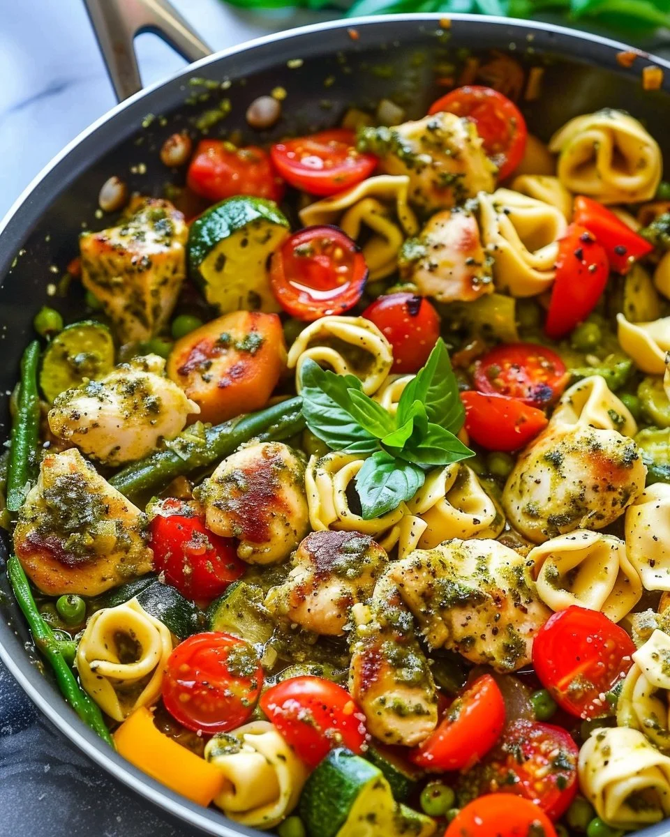 One-Pan Pesto Chicken, Tortellini, and Veggies