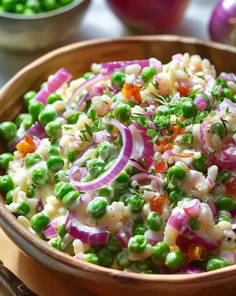 Pea salad with red onions and cheese served in a bowl
