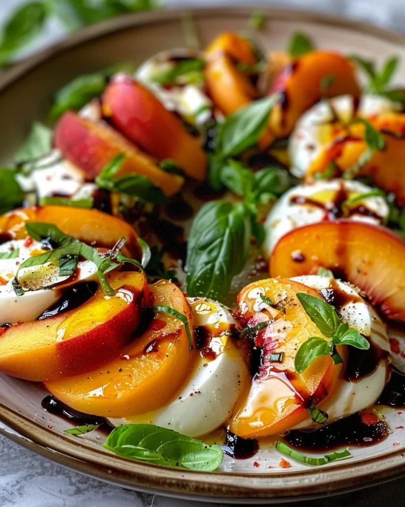 Peach Caprese Salad with Balsamic Glaze, featuring peaches, mozzarella, and basil.