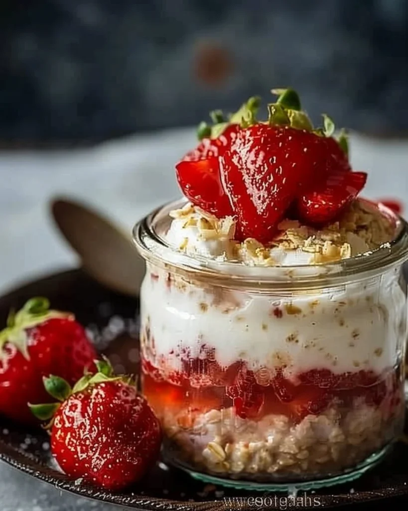 Bowl of protein strawberry cheesecake oatmeal topped with fresh strawberries