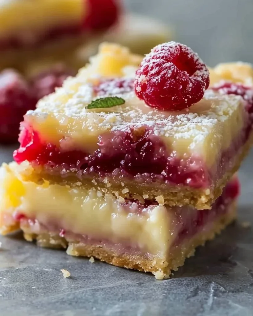 Delicious Raspberry Lemonade Bars topped with fresh raspberries and lemons.