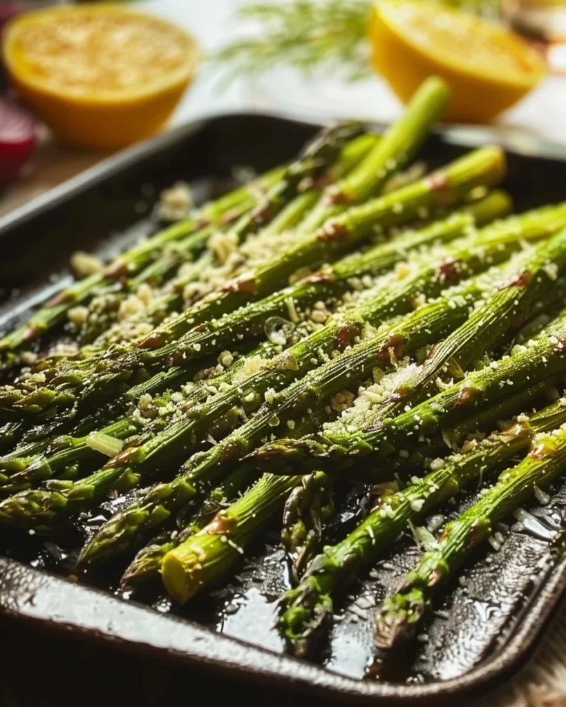 Plate of roasted Parmesan asparagus with a golden crispy topping