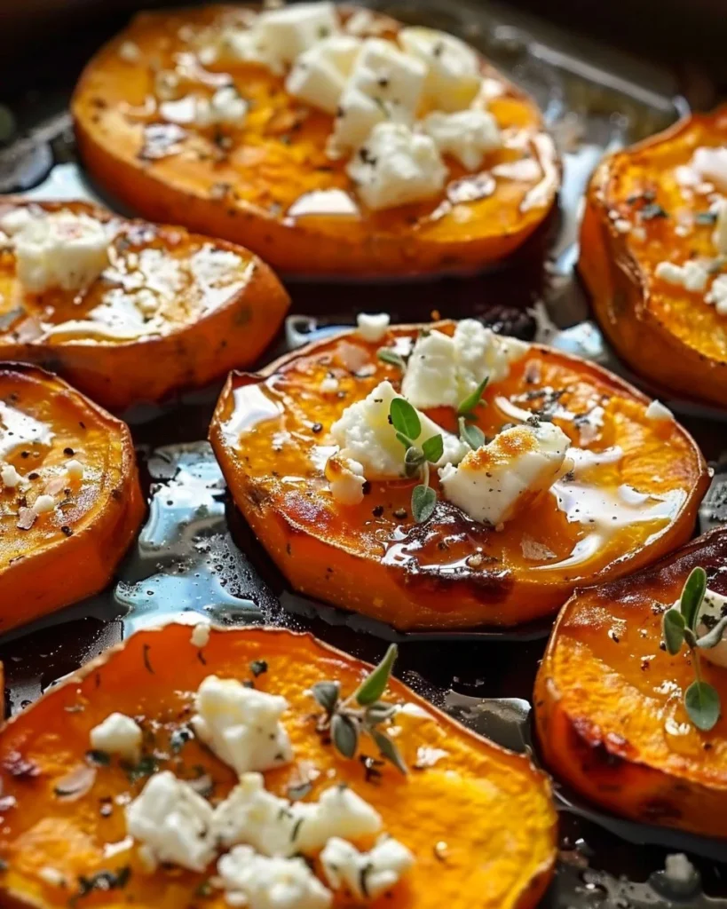 Roasted sweet potato rounds with honey drizzle and feta cheese on a plate.