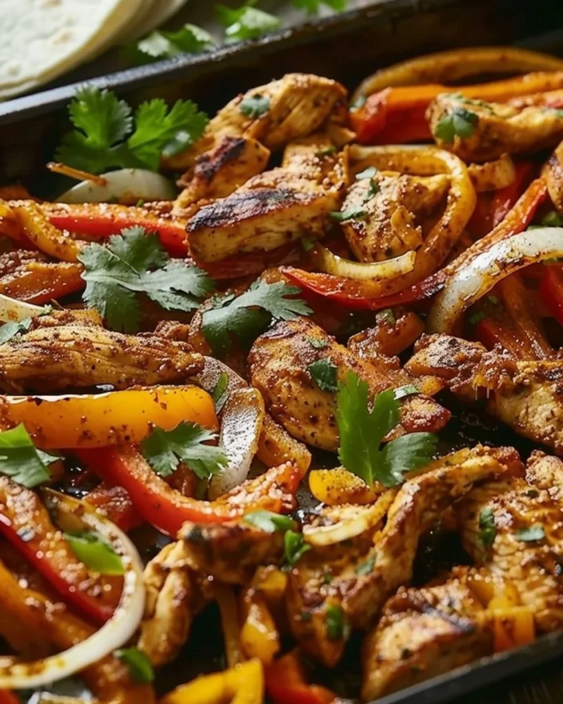 Sheet Pan Chicken Fajitas served with colorful bell peppers and onions