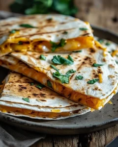 Deliciously grilled spicy cheesy quesadillas with melted cheese and toppings