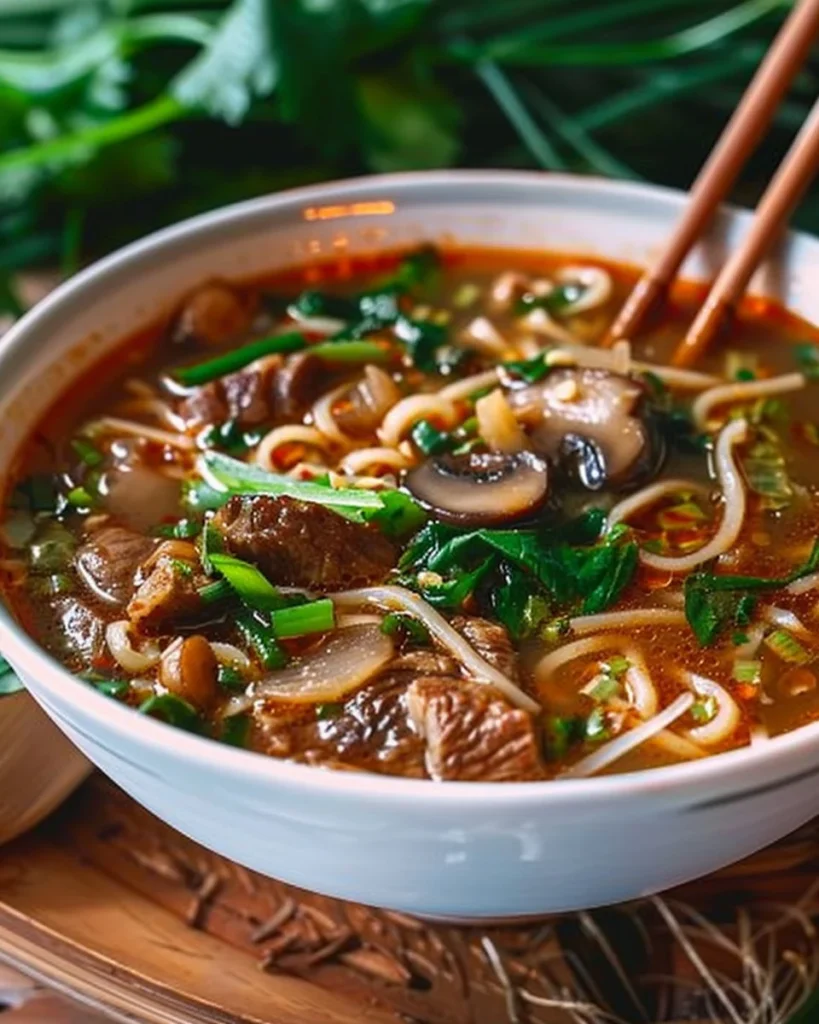 Spicy Ginger Beef & Mushroom Noodle Soup in a bowl garnished with herbs