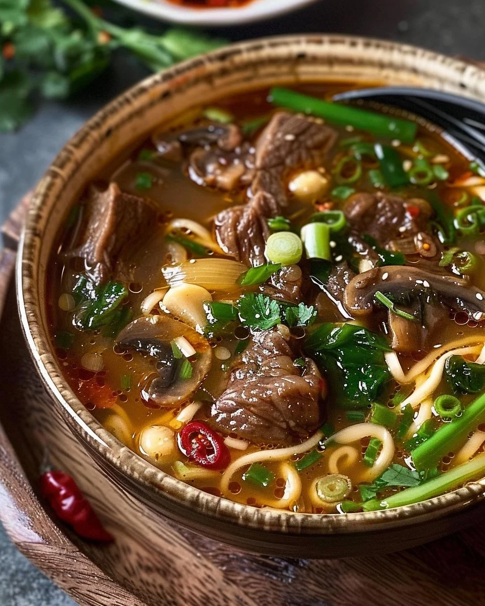 Spicy Ginger Beef & Mushroom Noodle Soup
