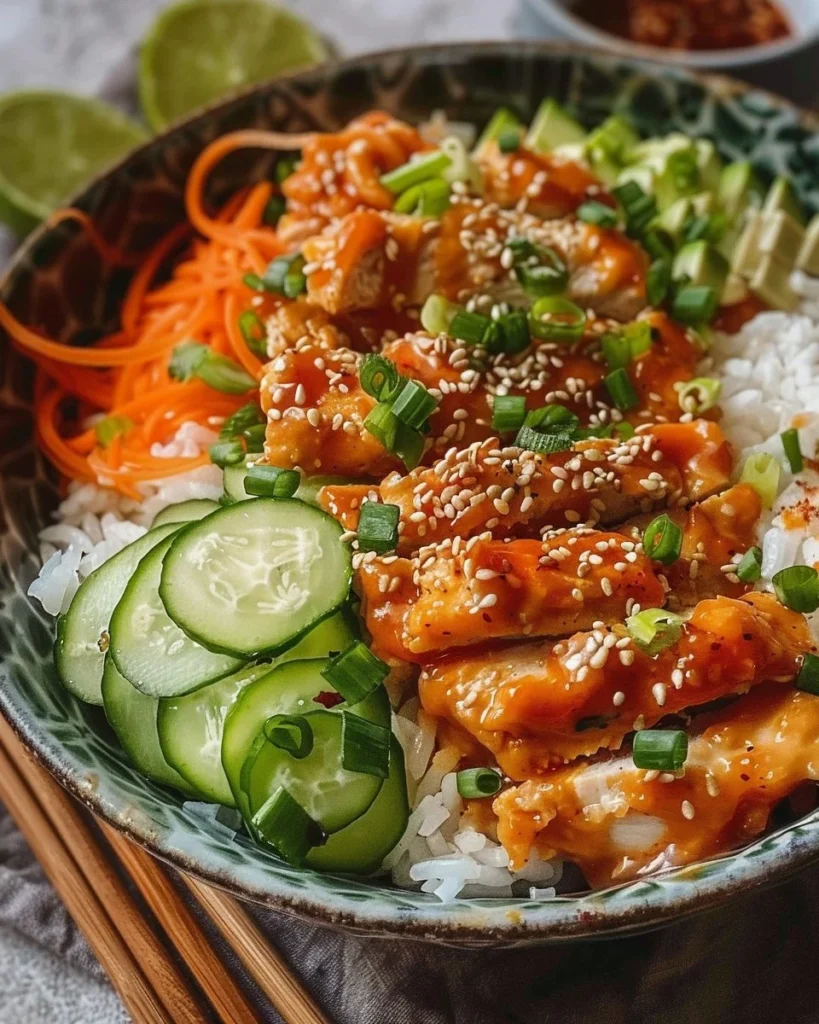 Spicy Sweet Bang Bang Chicken Bowl topped with fresh vegetables and sauce