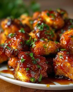 Sticky honey BBQ chicken bites served on a plate, drizzled with sauce