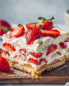 Delicious Strawberry Cream Cheese Icebox Cake layered with fresh strawberries and cream cheese