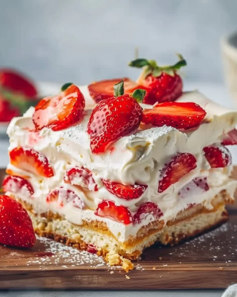 Delicious Strawberry Cream Cheese Icebox Cake layered with fresh strawberries and cream cheese