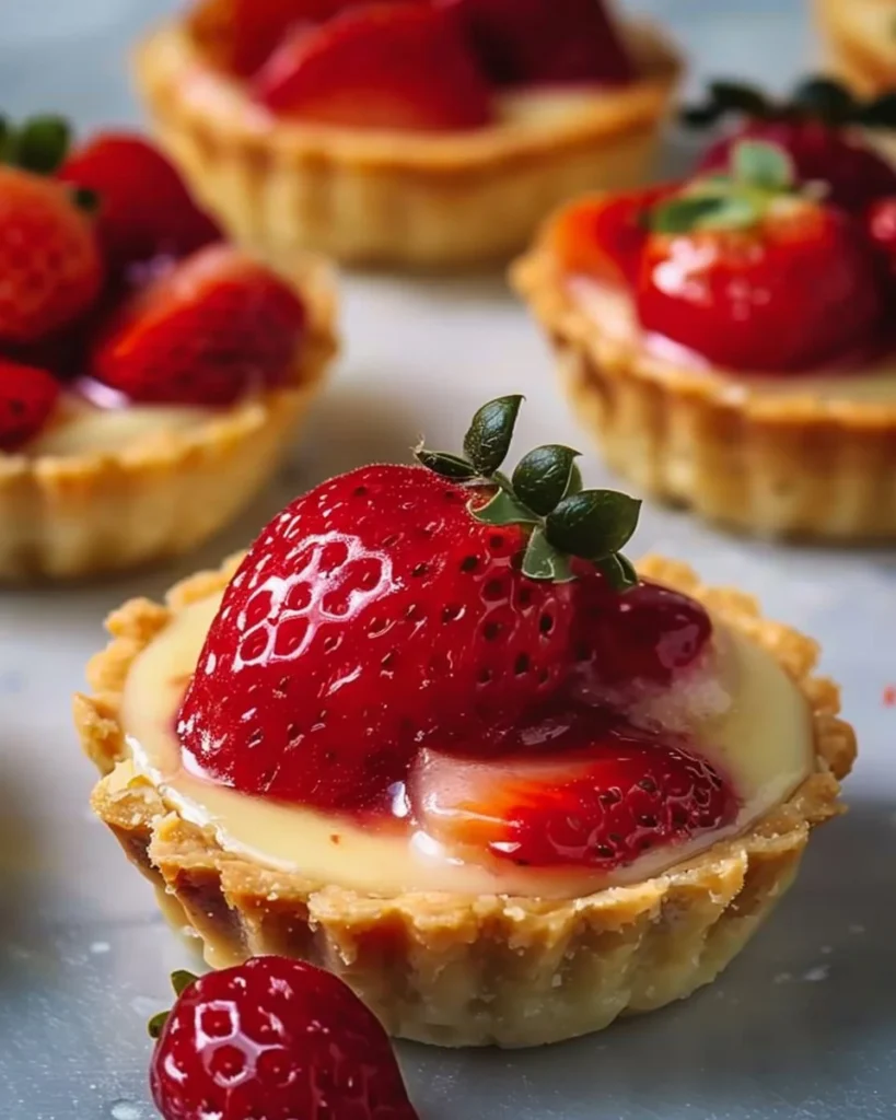 Delicious strawberry custard tarts topped with fresh strawberries on a wooden table.