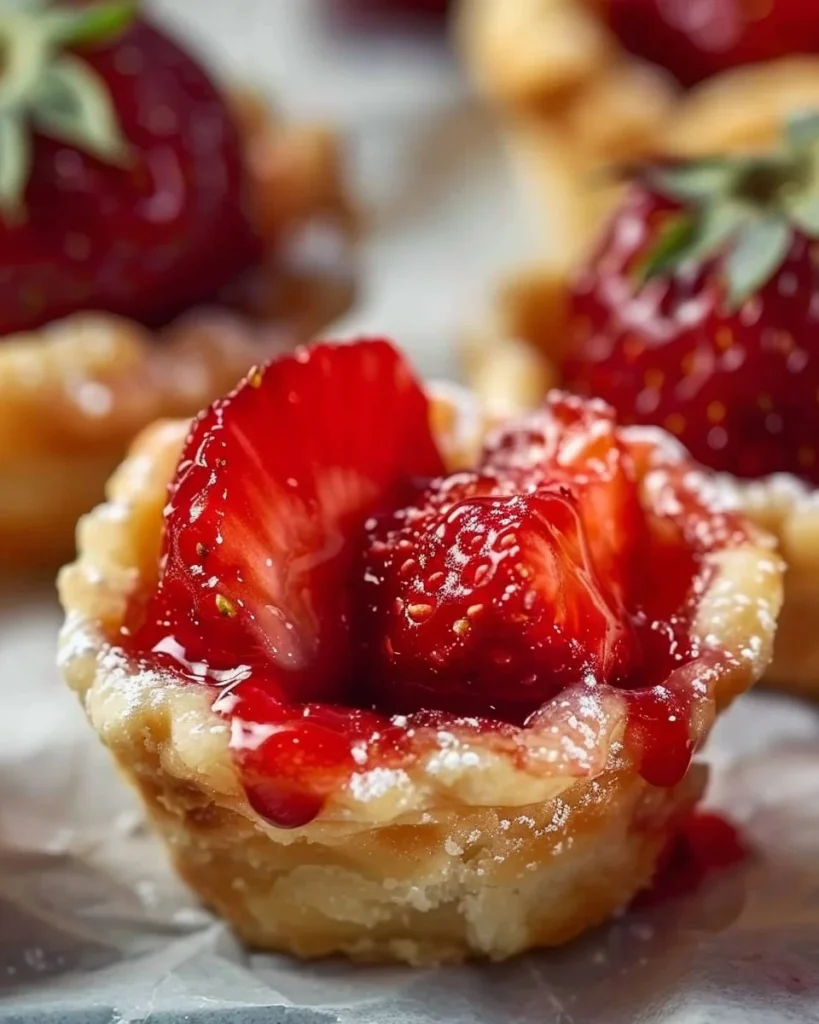 Delicious strawberry pie bites topped with fresh strawberries and whipped cream