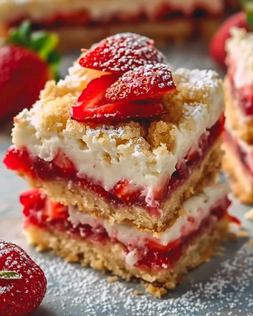 Delicious strawberry shortcake bars topped with fresh strawberries and whipped cream