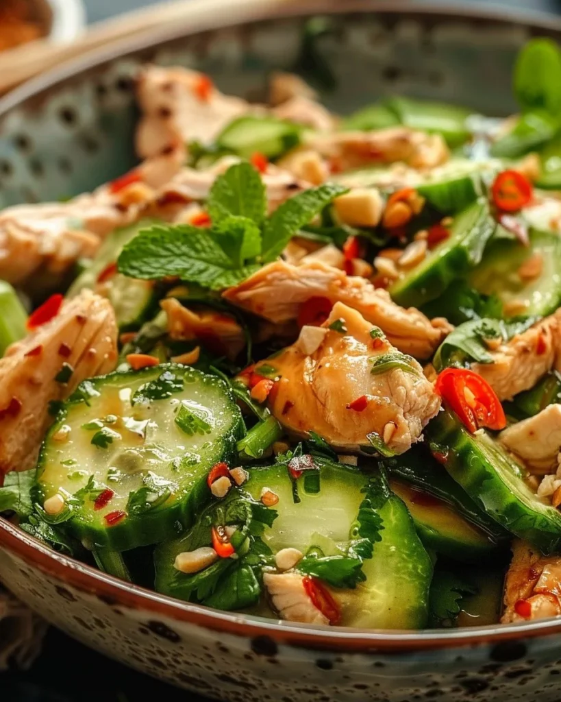 Thai cucumber salad with chicken served in a bowl with fresh herbs.