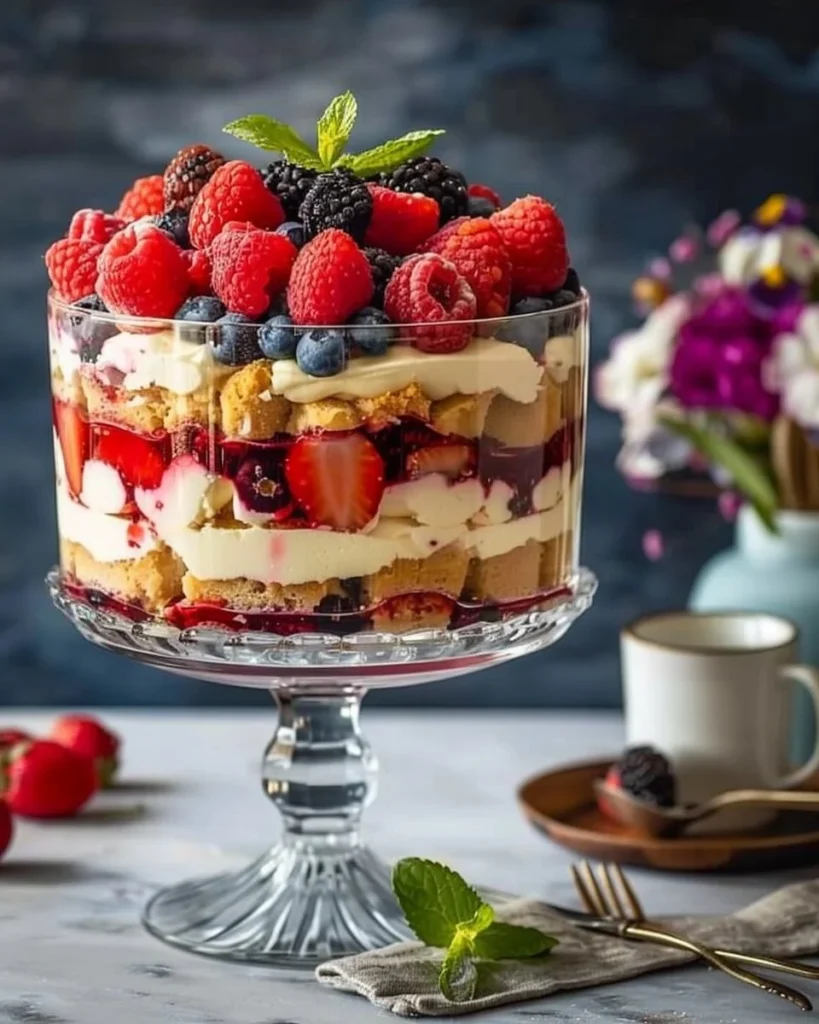 A delicious triple berry trifle featuring layers of berries and creamy filling.