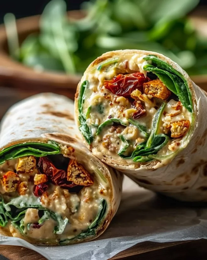 Vegan creamy sun-dried tomato wraps served on a plate with fresh greens