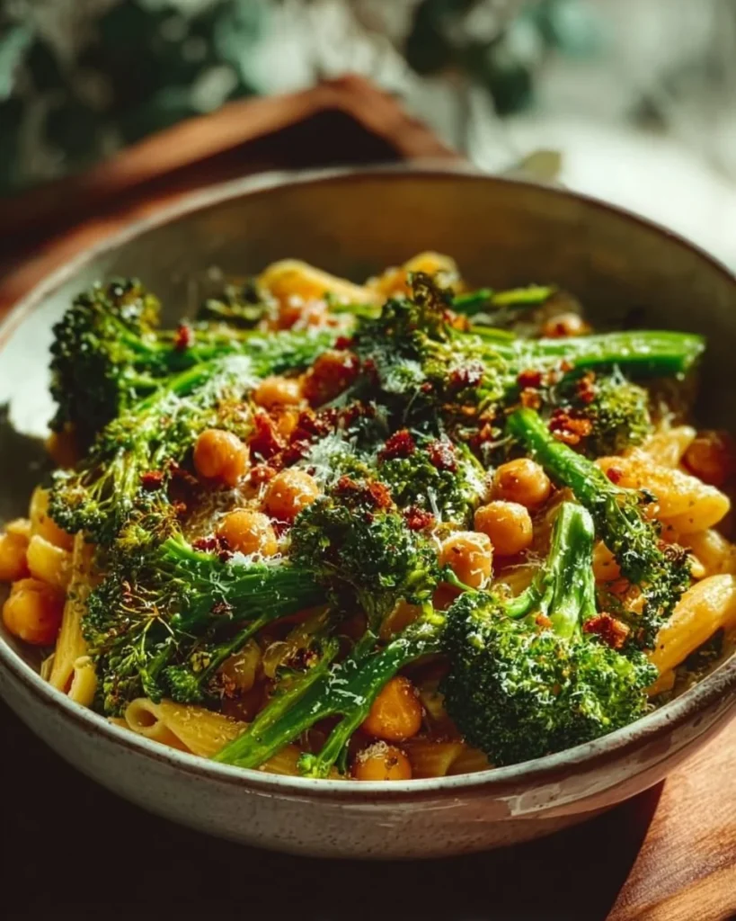 Bowl of Broccoli Chickpea Pasta topped with parmesan and herbs