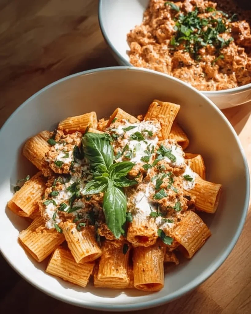 Bowl of creamy cottage cheese pasta topped with fresh herbs and pepper