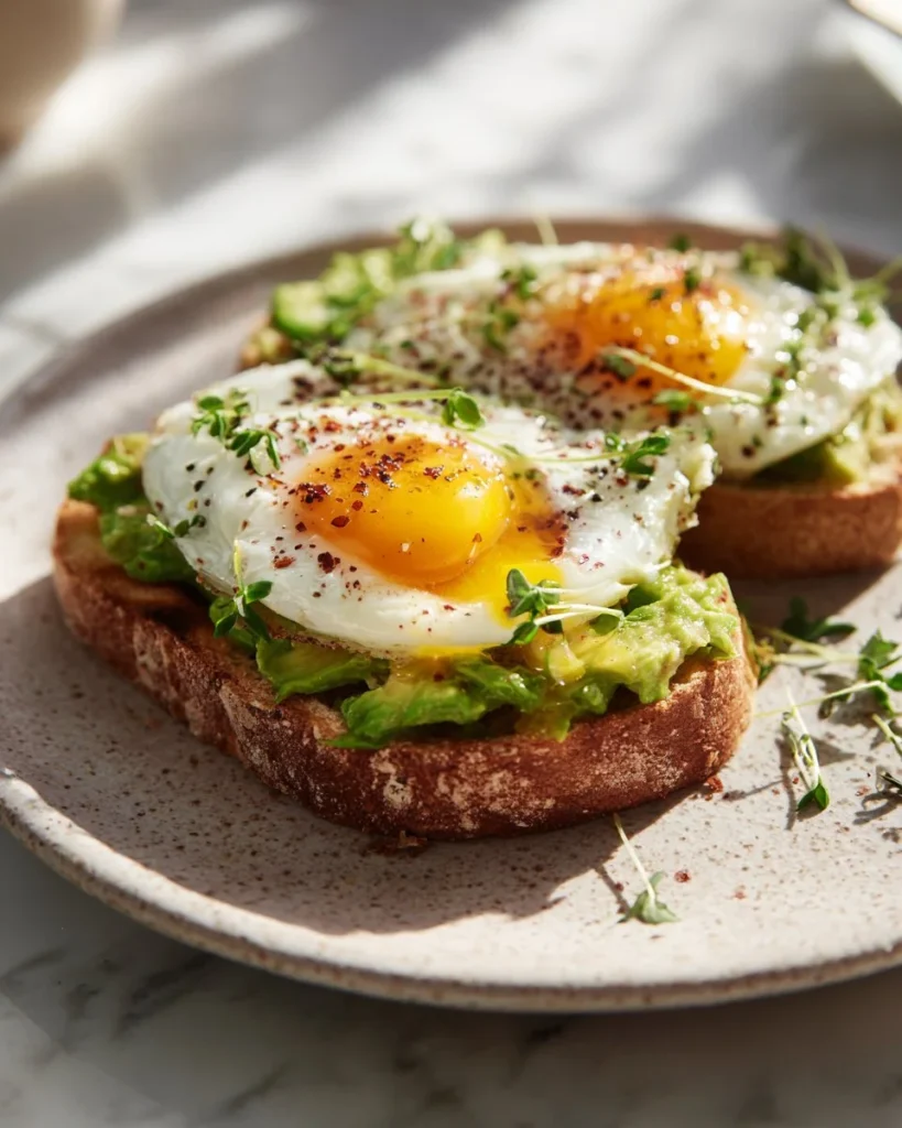 Gourmet avocado toast with a perfectly cooked egg on top, garnished.