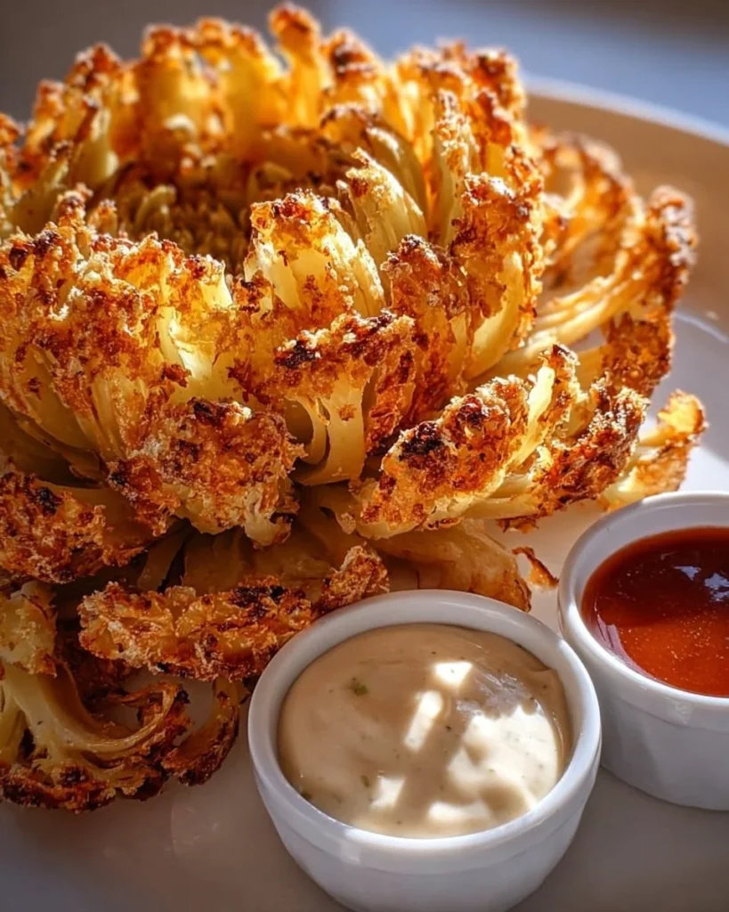 Grilled blooming onion served with dipping sauce on a wooden platter.