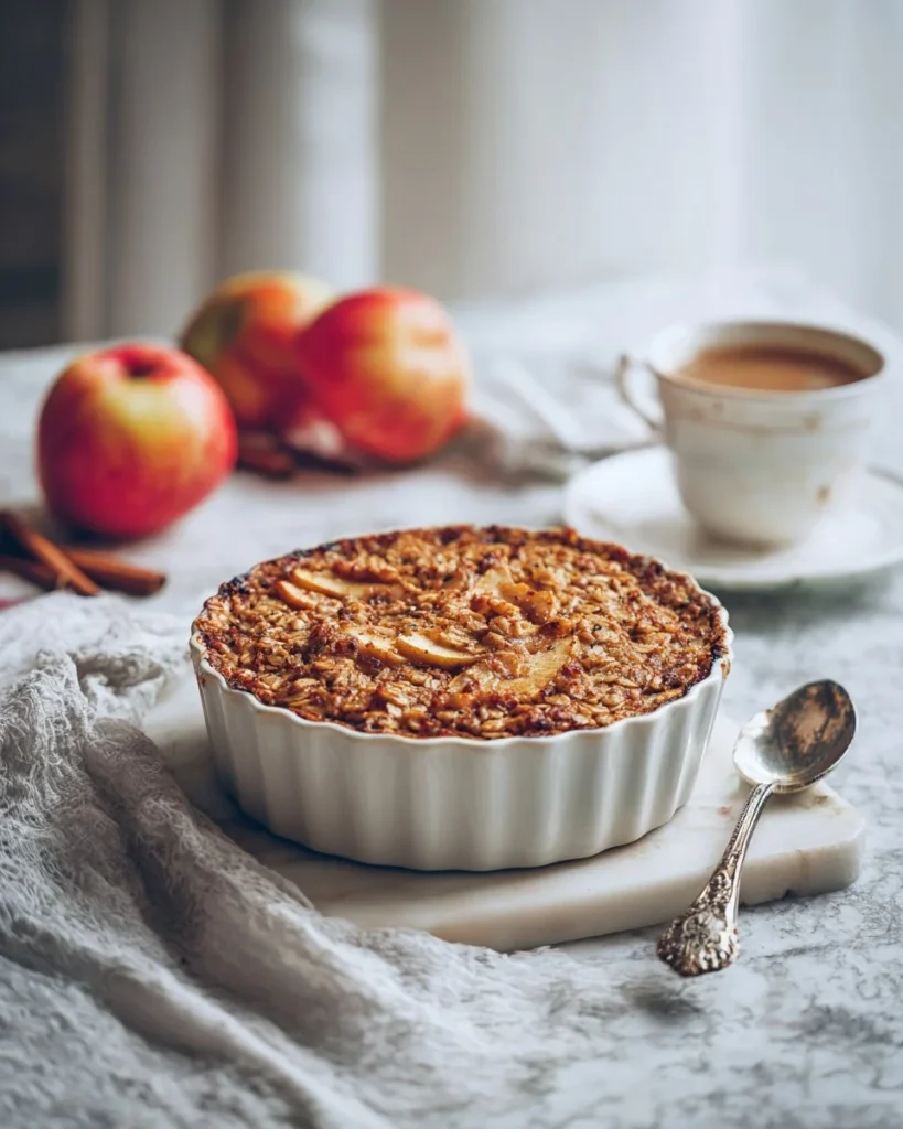 Bowl of healthy apple baked oatmeal topped with fresh apples and cinnamon