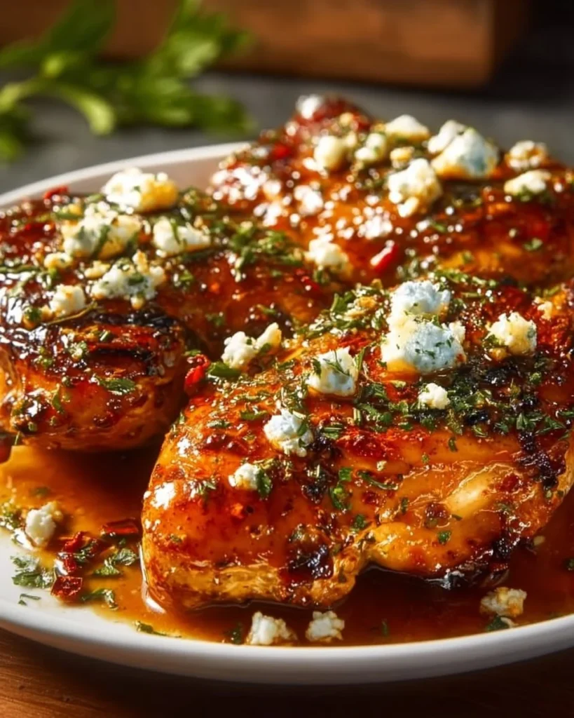 A plate of hot honey feta chicken garnished with herbs and served with vegetables.