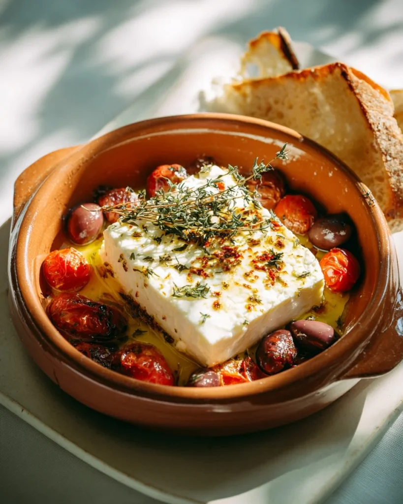Mediterranean Baked Feta garnished with herbs and olives