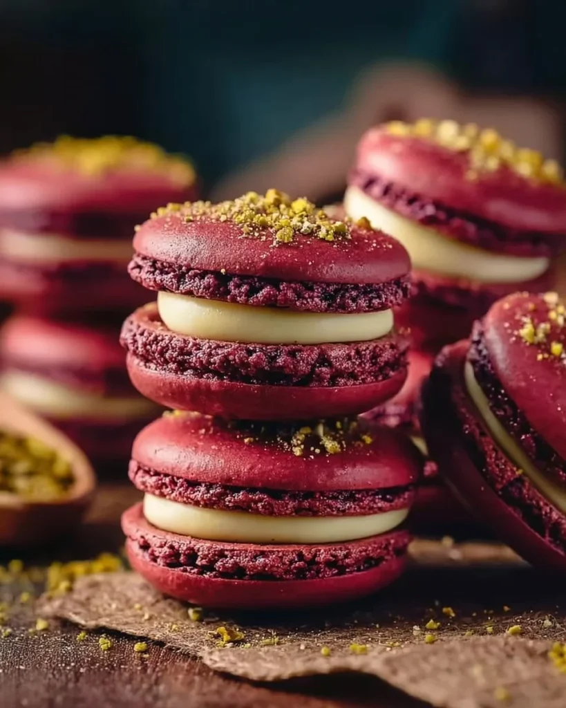 Delicious Raspberry Pistachio Macarons elegantly arranged on a plate.