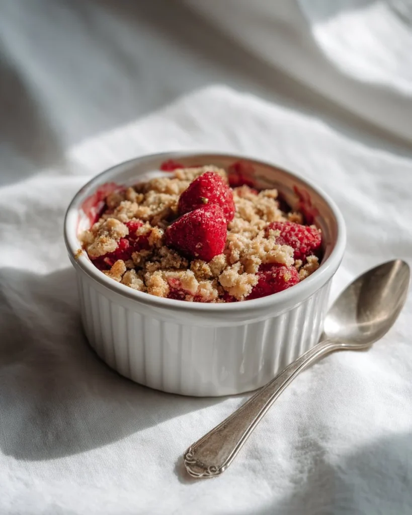 Delicious Raspberry Rhubarb Crisp served in a bowl, perfect for dessert lovers.