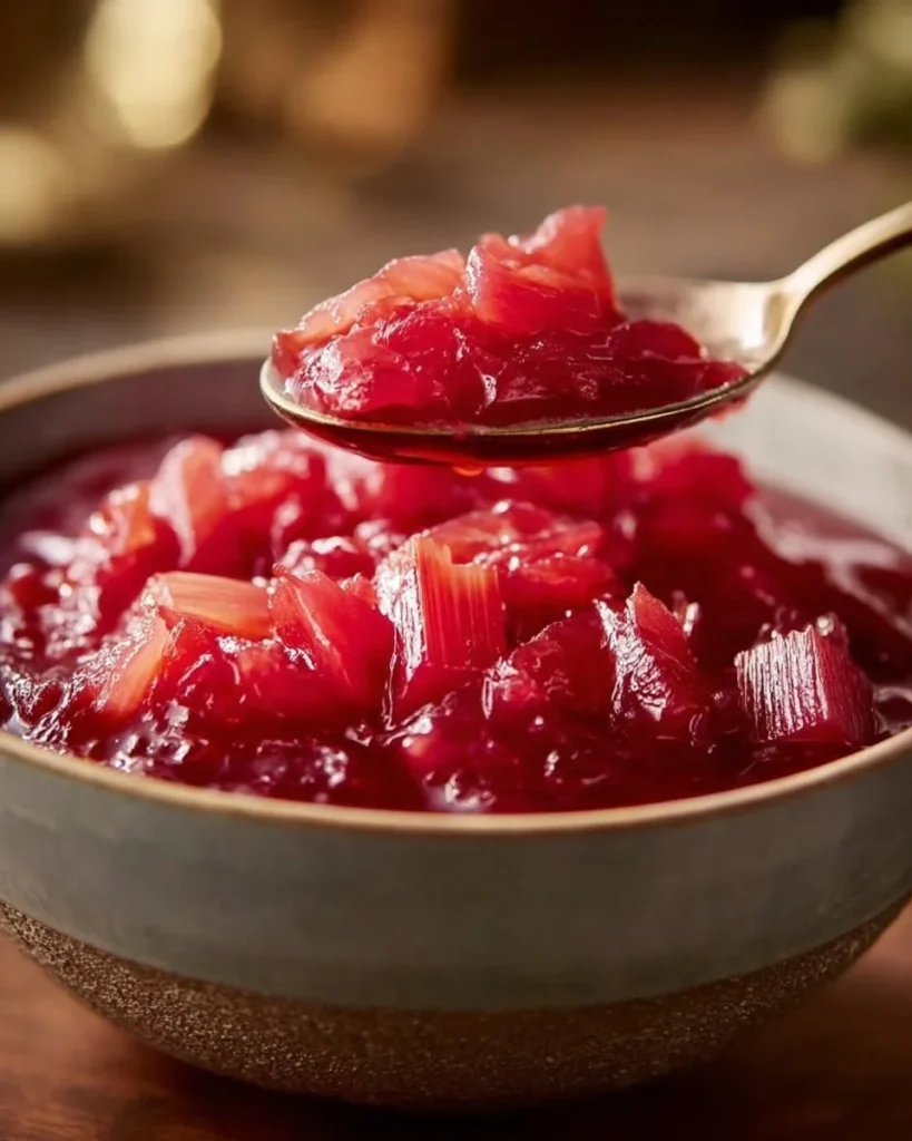 Delicious homemade rhubarb compote in a glass jar with fresh rhubarb stalks.
