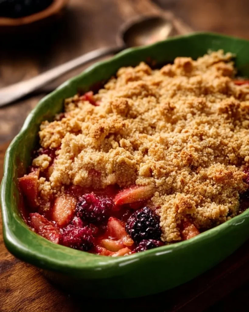 Serving of rhubarb crisp made with almond flour in a bowl