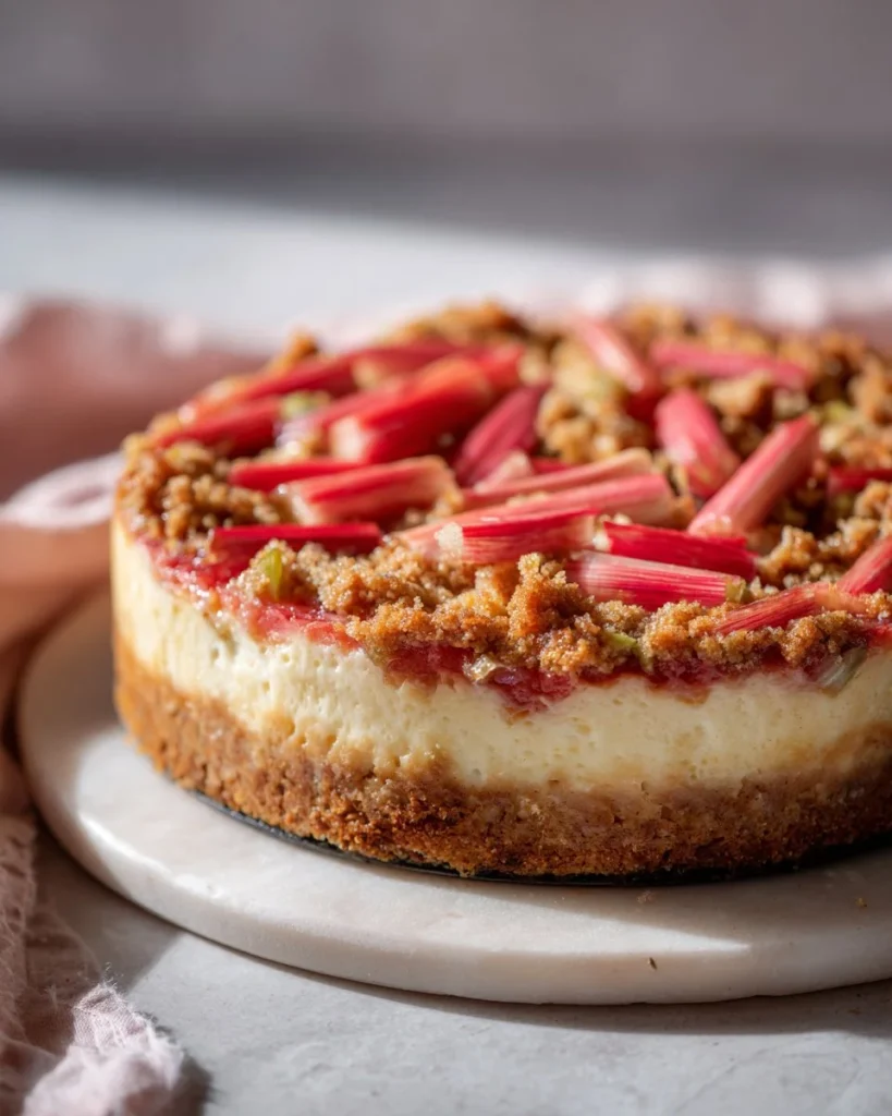 Delicious rhubarb crumble cheesecake topped with a crumble topping