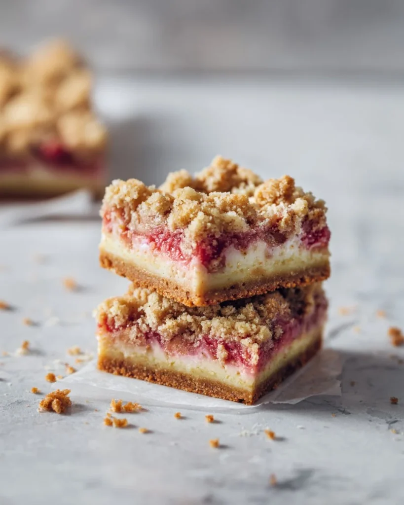 Rhubarb crumble cheesecake bars topped with a crumbly topping, served on a plate.