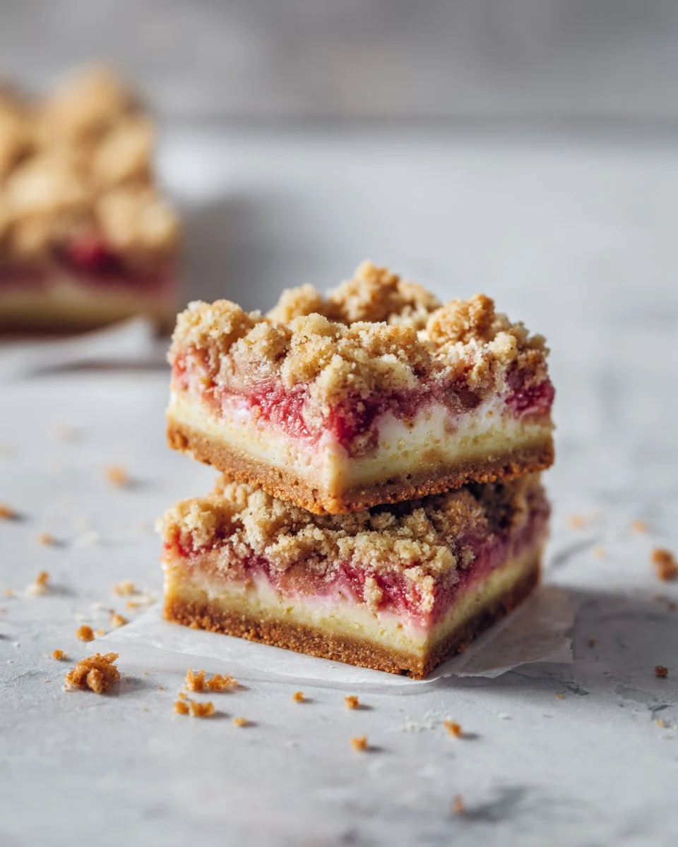 Rhubarb crumble cheesecake bars topped with a crumbly topping, served on a plate.
