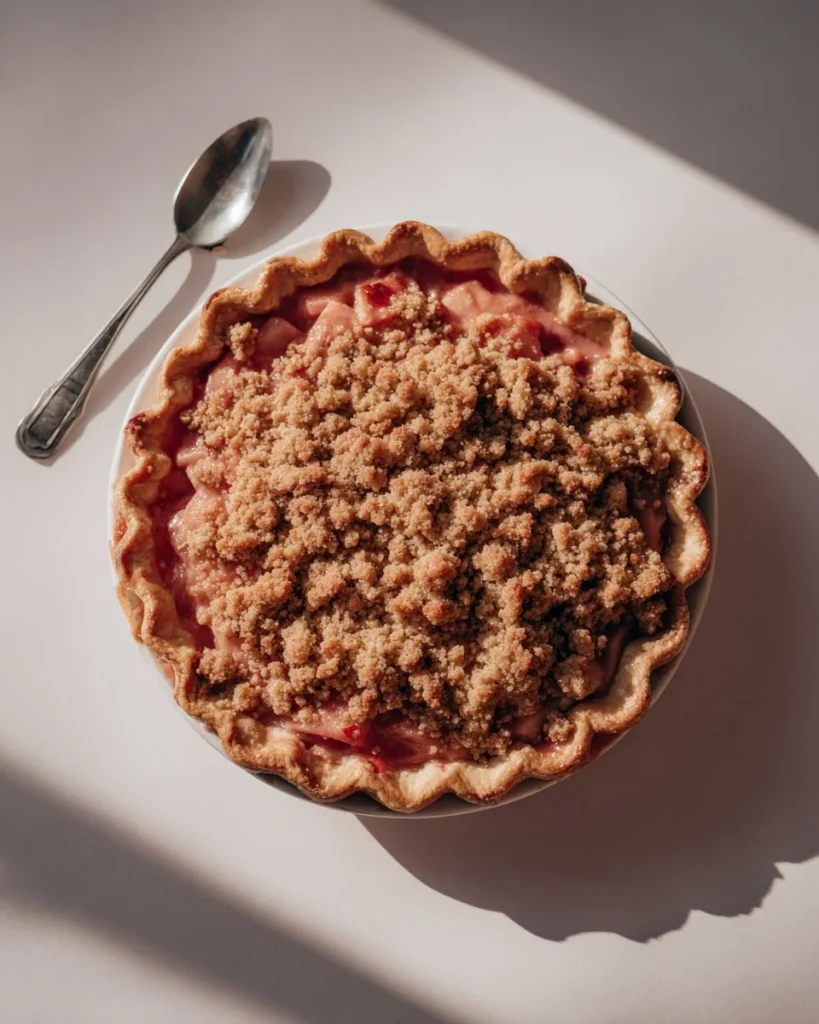 Delicious rhubarb pie with crumb topping served on a white plate