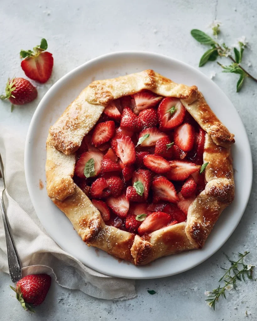 Freshly baked rhubarb strawberry galette with golden crust and vibrant filling