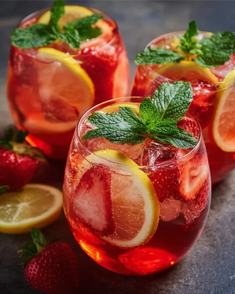 Fresh strawberry lemonade served in a glass with ice and mint leaves
